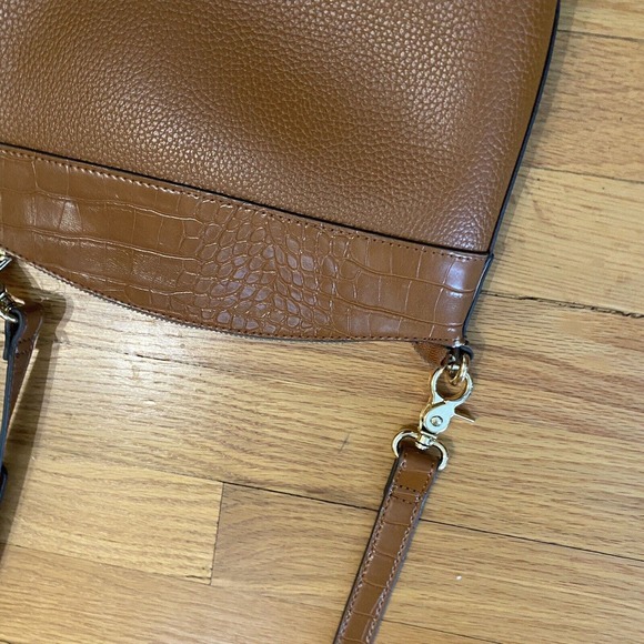 Nanette Lepore Crossbody Pebbled Faux Leather Croc Embossed Bag Brown Gold - Picture 7 of 15